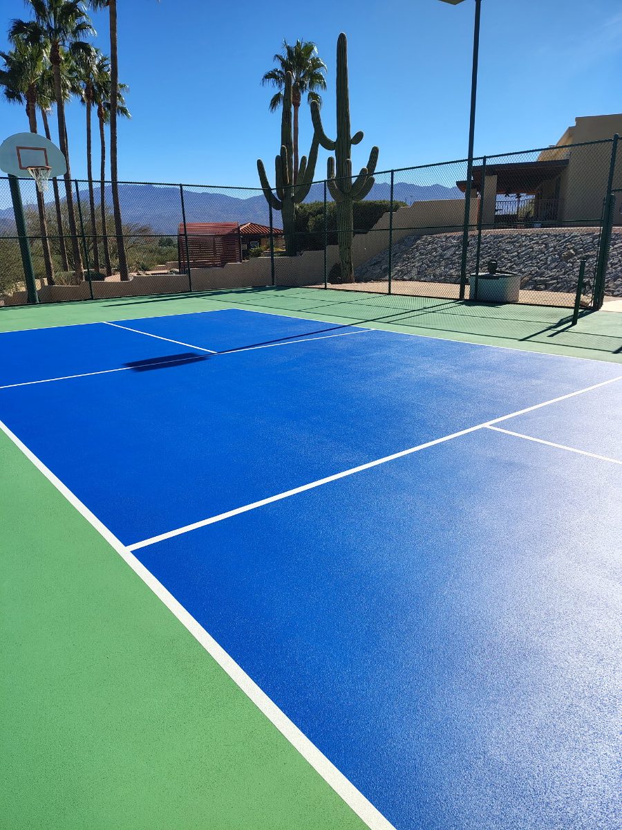 Resurfaced backyard sport court with mountain and saguaro views, Tucson area